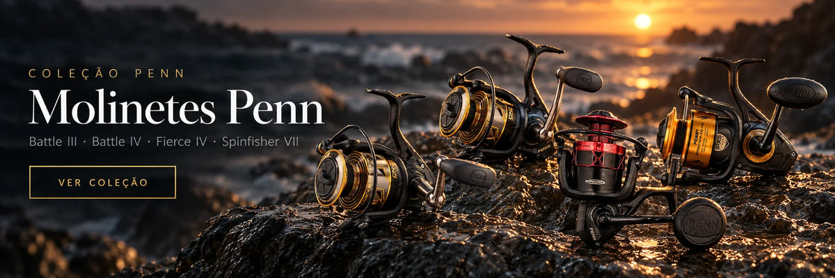 Coleção Molinetes Penn: Battle III, Battle IV, Fierce IV e Spinfisher VII sobre rocha no mar ao entardecer