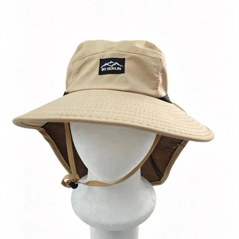 Chapéu de pescador cáqui com proteção UV e proteção de pescoço, vista de frente