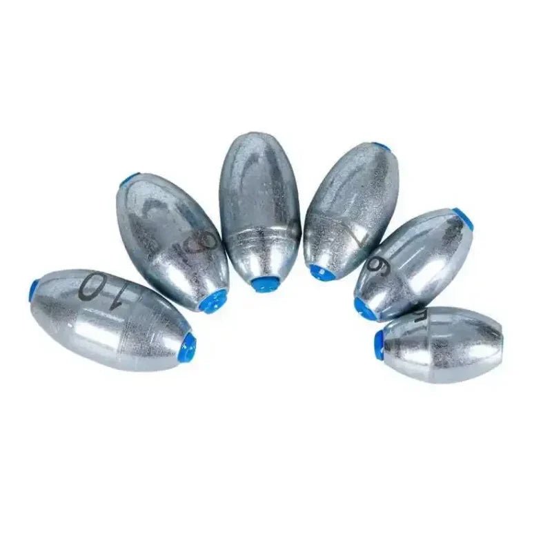 Chumbadas de pesca tipo oliva com miolo azul, fundo branco