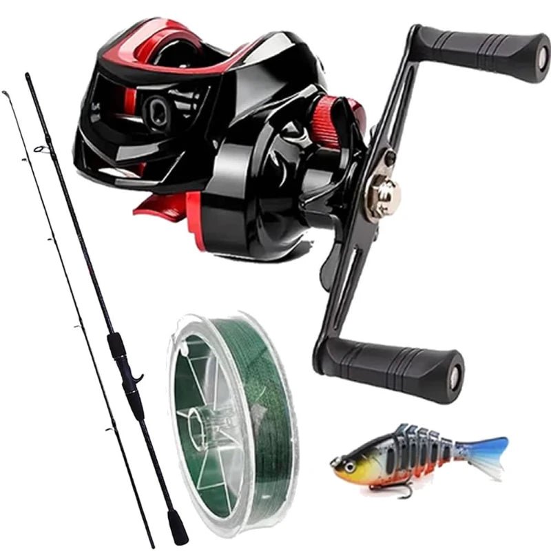 Kit de pesca com carretilha perfil baixo preta e vermelha, vara de carbono 1,80 m, linha multifilamento e isca
