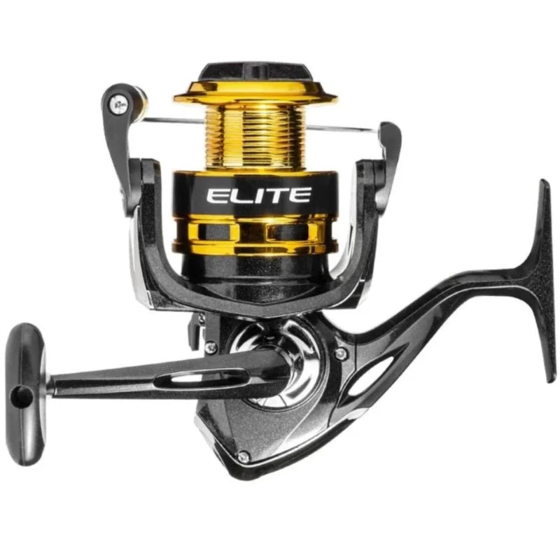 Molinete Marine Sports Elite Gold FD — Vista frontal com carretel cônico dourado