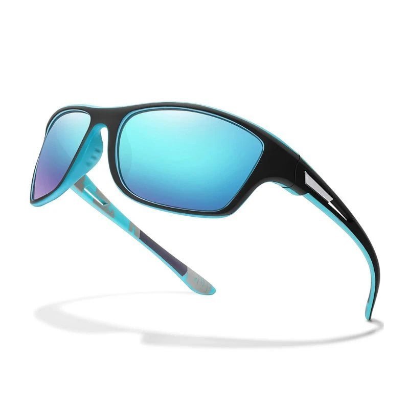 Óculos polarizado UV400 de lente azul espelhada e armação preta e azul