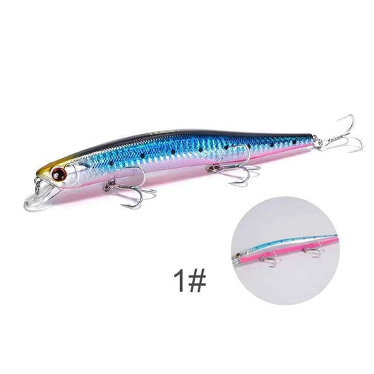 isca-artificial-noeby-slim-lance-minnow-150mm-cor-1-azul-rosada-dourada-foto-lateral-com-detalhe-holografico