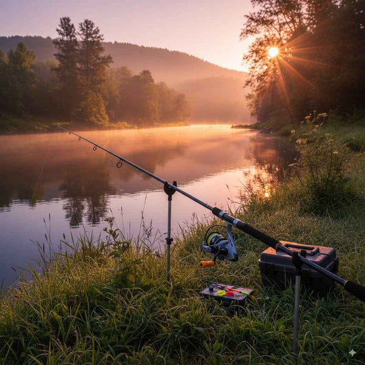 molinete-mr-reel-vw-l-nts-original-ambidestro-em-cenario-de-pesca-ao-por-do-sol-proximo-ao-rio-comvara-e-equipamentos