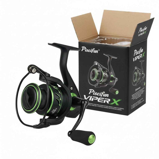 molinete-piscifun-viper-x-original-preto-e-verde-exposto-ao-lado-da-caixa-aberta-da-marca-piscifun