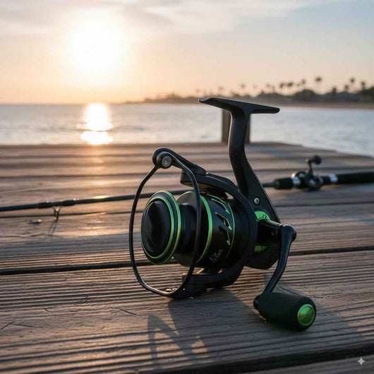 molinete-piscifun-viper-x-original-preto-e-verde-sobre-deck-de-madeira-ao-por-do-sol-com-mar-ao-fundo