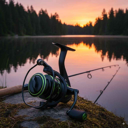 molinete-piscifun-viper-x-original-preto-e-verde-sobre-pedra-à-beira-do-lago-ao-por-do-sol-com-reflexo-da-floresta-na-água