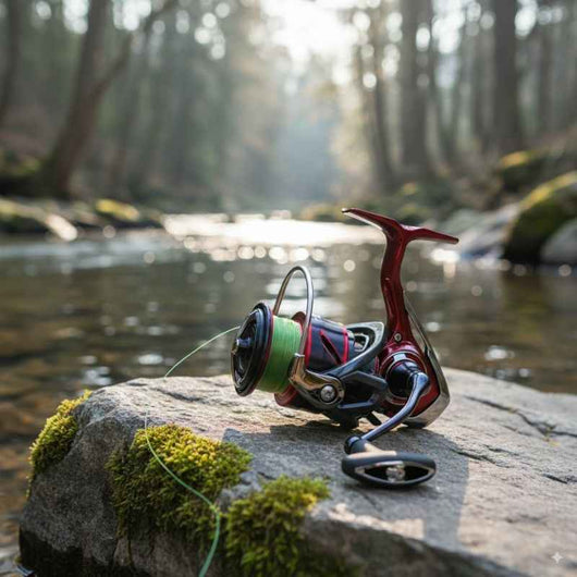 molinete-daiwa-fuego-cs-lt-vermelho-foto-uso-ambiente-pedra-musgo-rio