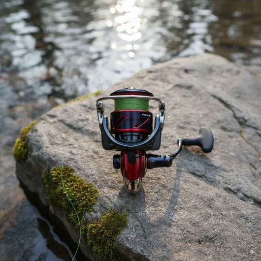 molinete-daiwa-fuego-cs-lt-vermelho-preto-foto-superior-ambiente-pedra-musgo