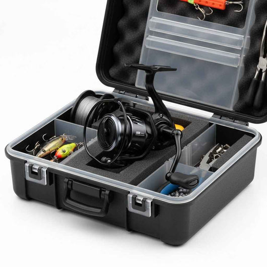 molinete-spinning-wheel-fibra-de-carbono-ultra-leve-preto-armazenado-em-maleta-de-pesca-com-isca-e-acessorios