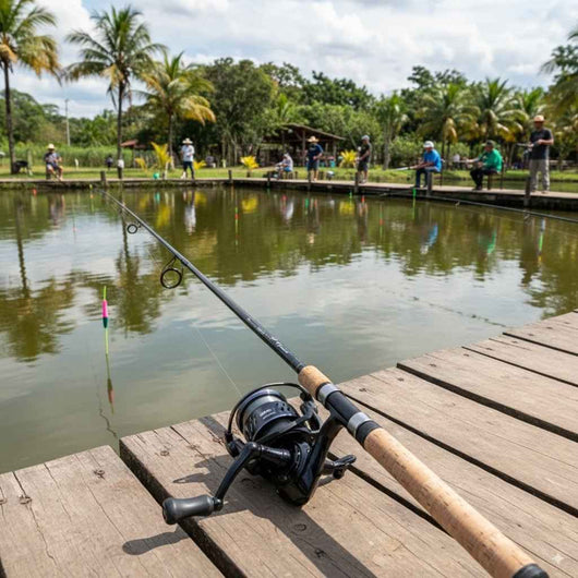 molinete-spinning-wheel-fibra-de-carbono-ultra-leve-acoplado-a-vara-sobre-deck-de-madeira-em-lagoa-de-pesca