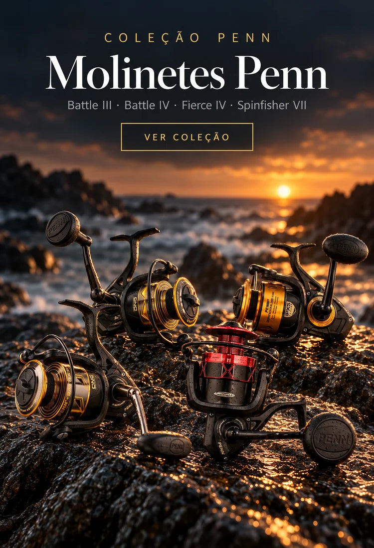 Coleção Molinetes Penn: Battle III, Battle IV, Fierce IV e Spinfisher VII sobre rocha no mar ao entardecer