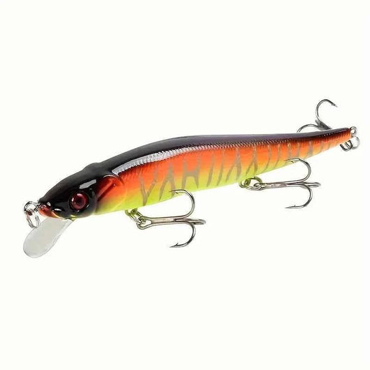 isca-artificial-minnow-sinking-deep-diving-crankbait-115mm-cor-laranja-e-preta-com-detalhes-amarelos-e-olhos-vermelhos-fundo-branco