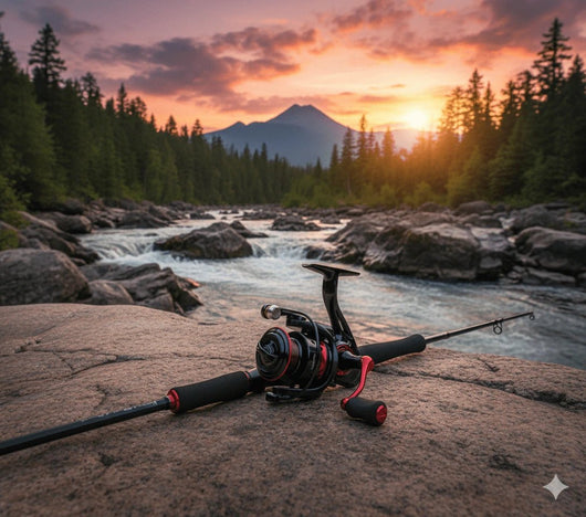 molinete-penn-dy-original-2024-fotografia-lifestyle-varas-de-pesca-nas-pedras-ao-por-do-sol-com-rio-e-montanhas