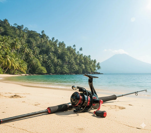 molinete-penn-dy-original-2024-lifestyle-pesca-praia-areia-com-mar-palmeiras-e-montanha-ao-fundo