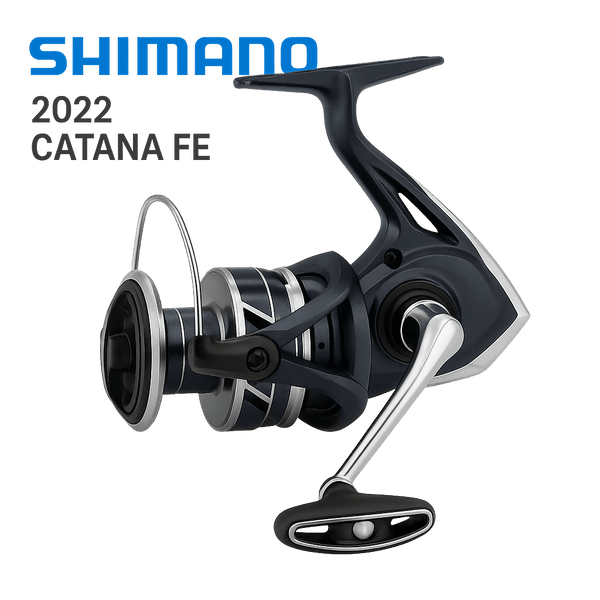 molinete-shimano-catana-fe-2022-preto-e-prata-visto-em-angulo-lateral-com-detalhes-metalicos-e-manivela-prateada