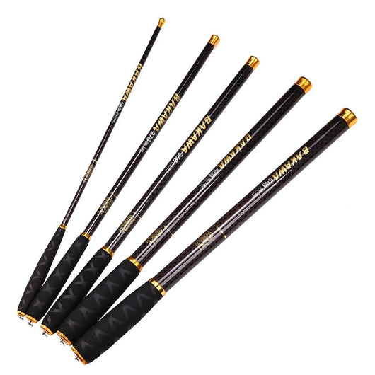 vara-de-pesca-bakawa-100-carbon-hand-rod-premium-original-varas-telescopicas-carbono-preto-e-dourado-dispostas-em-leque-sobre-fundo-branco