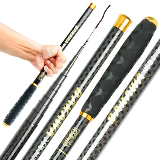 vara-de-pesca-bakawa-100-carbon-hand-rod-premium-original-varas-telescopicas-carbono-preto-dourado-empunhadura-emborrachada-e-detalhes-luxo-em-mao-do-pescador