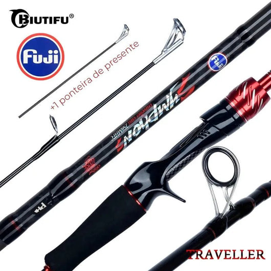 vara-de-pesca-biutifu-ultralight-carbon-t800-detalhe-do-corpo-em-carbono-com-acabamento-vermelho-metalico-passadores-fuji-cabo-em-eva-preto-e-ponteira-extra-exibida-sobre-fundo-branco