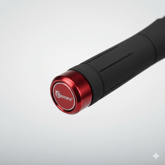 vara-de-pesca-biutifu-ultralight-carbon-t800-detalhe-do-butt-cap-em-metal-vermelho-com-logo-biutifu-e-cabo-em-eva-preto-sobre-fundo-cinza