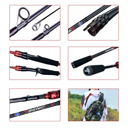 vara-de-pesca-biutifu-ultralight-carbon-t800-montagem-com-varios-detalhes-passadores-em-aco-corpo-em-carbono-reel-seat-vermelho-cabo-em-eva-preto-e-imagem-de-pescador-carregando-a-vara