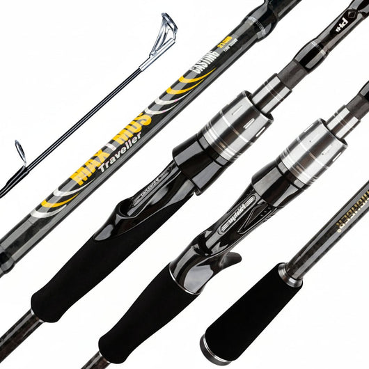 vara-de-pesca-fuji-maximus-traveller-carbono-30t-detalhes-do-corpo-preto-com-graficos-amarelos-reel-seat-preto-com-acabamento-metalico-e-cabo-em-eva-preto-sobre-fundo-branco