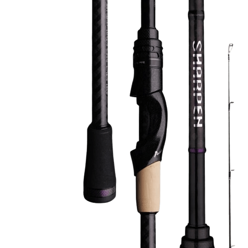 vara-de-pesca-sharpen-purelure-em-close-mostrando-cabo-reel-seat-e-haste-em-carbono