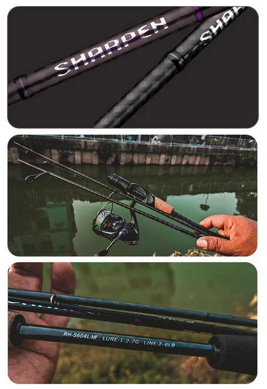 vara-de-pesca-sharpen-purelure-em-uso-com-molinete-sobre-agua-em-ambiente-externo