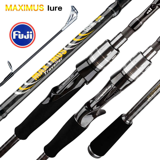 vara-de-pesca-maximus-traveller-fuji-detalhes-da-vara-com-passadores-fuji-corpo-preto-e-amarelo-reel-seat-preto-com-acabamento-metalico-e-cabo-em-eva-sobre-fundo-branco